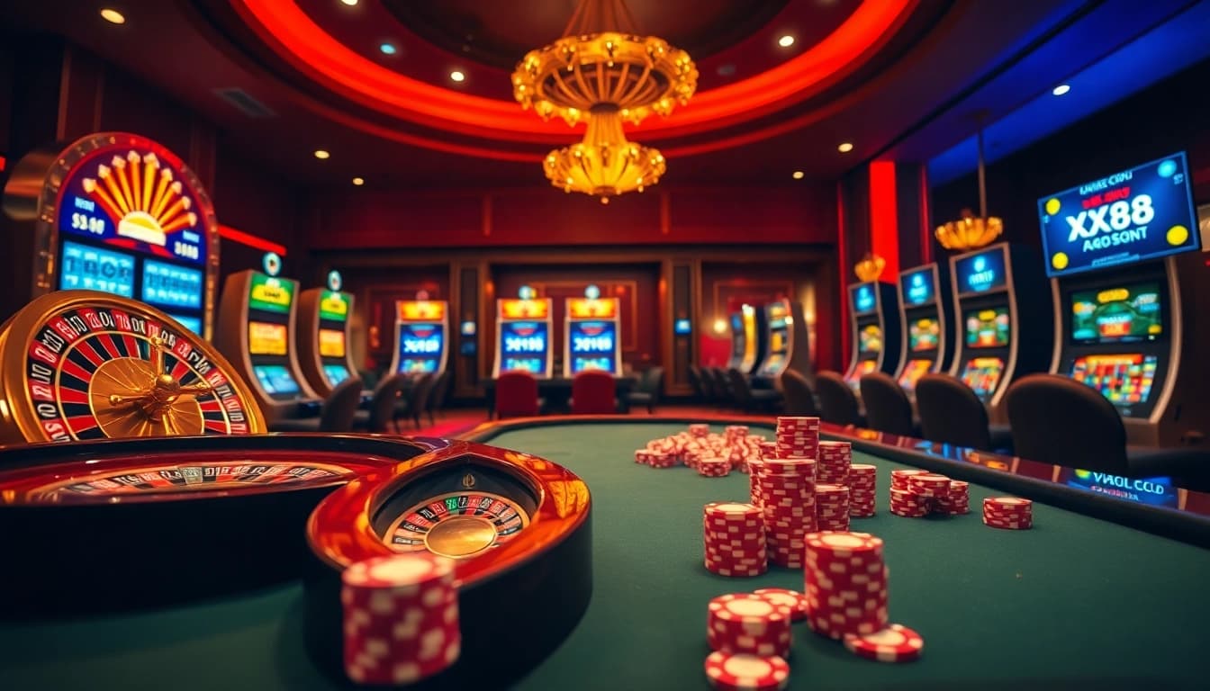 Players enjoying the excitement of XX88 COM in a luxurious online casino environment with roulette and slot machines.