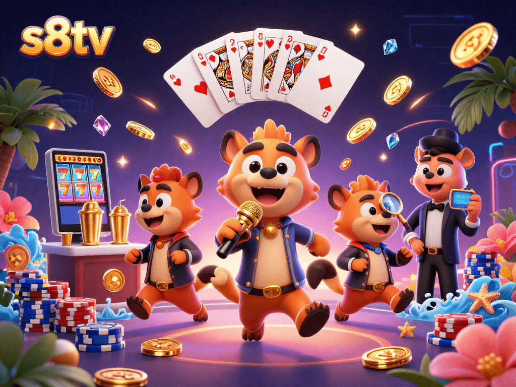 Experience the fun with s8tv at a lively casino club featuring hyenas and vibrant games.