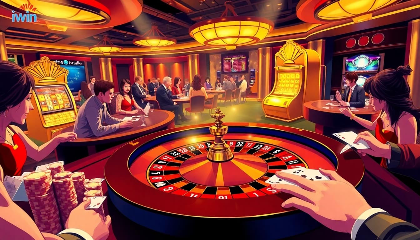 Experience the thrill of iWin games at a vibrant casino with roulette, poker chips, and slot machines.