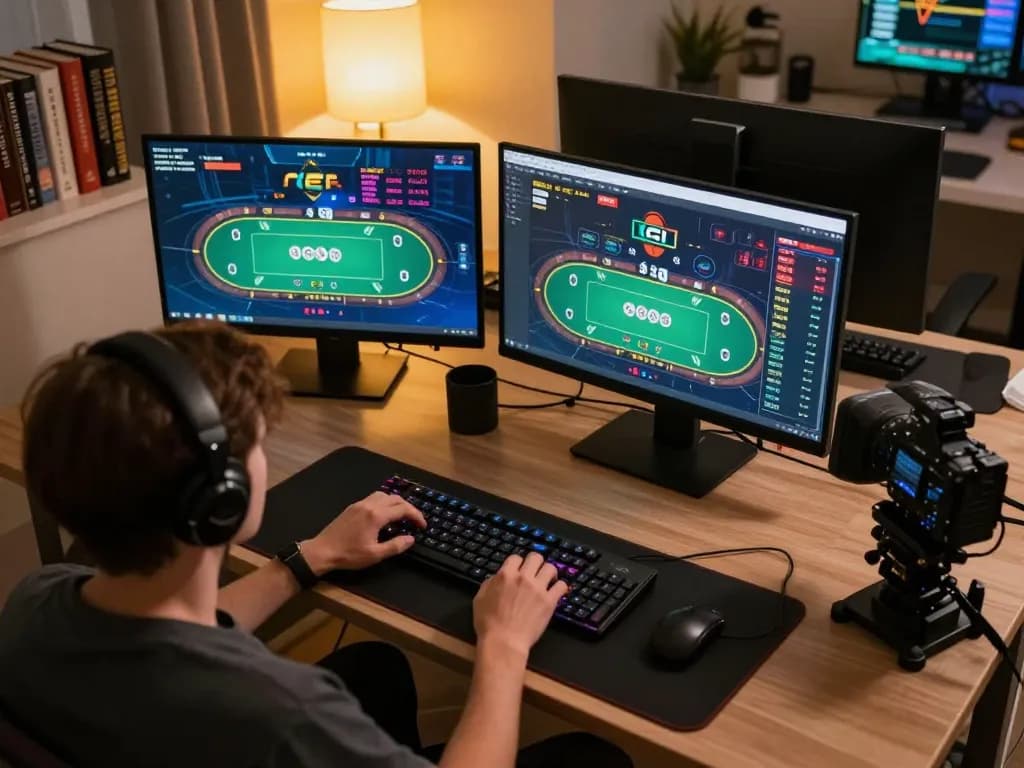 Engaged player using multiple screens for online poker and sports betting at the itwshow.