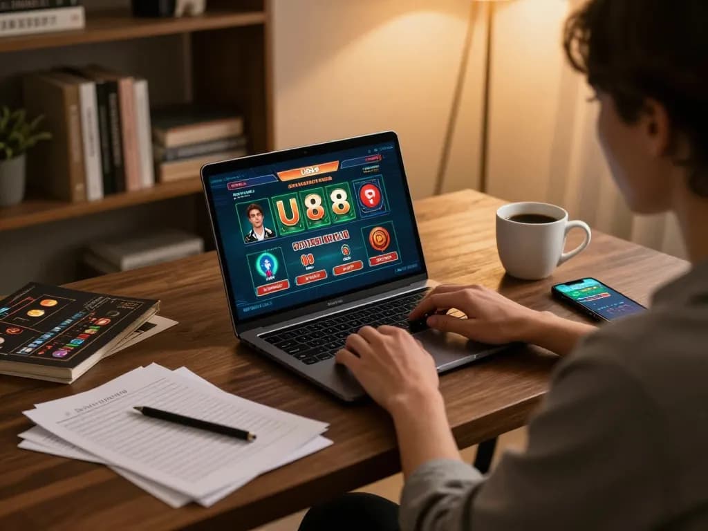 Player engaging with U888 online casino games on a laptop in a cozy home environment.