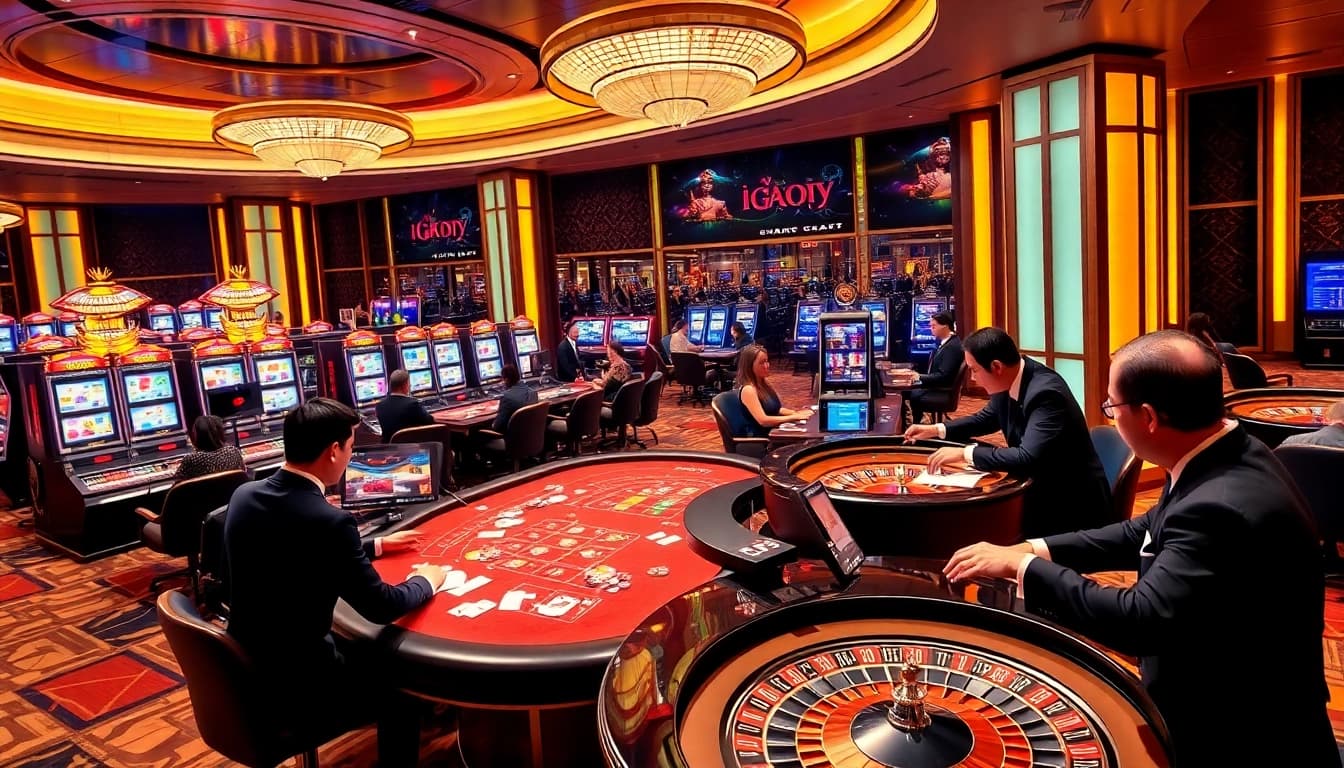 Engaging players at tg88 group casino table with vibrant slot machines and colorful chips.