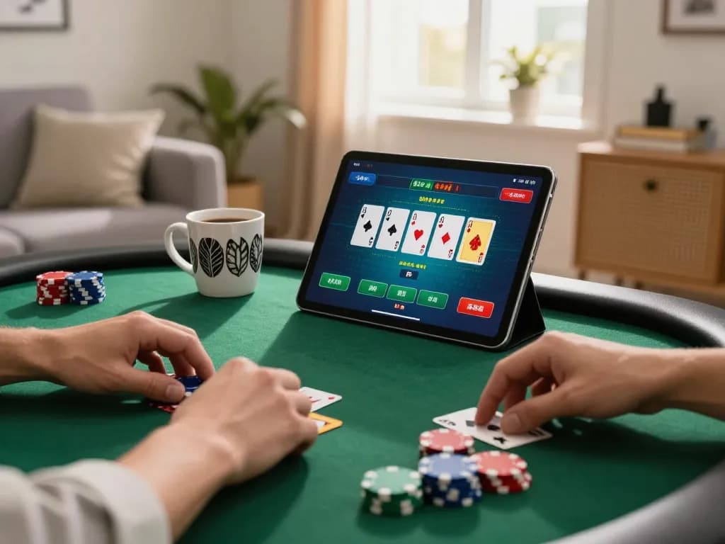Engaged player exploring hu online poker game interface on tablet in cozy living room.