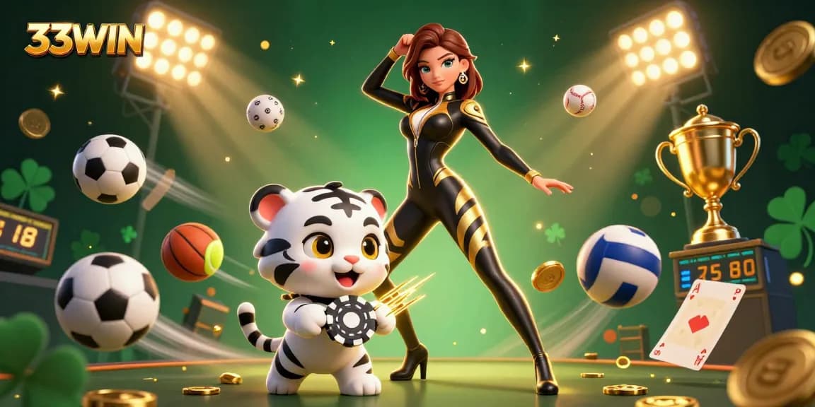 Experience thrilling action with 33WIN, highlighted by a dynamic acrobatic scene featuring a semi-realistic woman and a baby tiger.