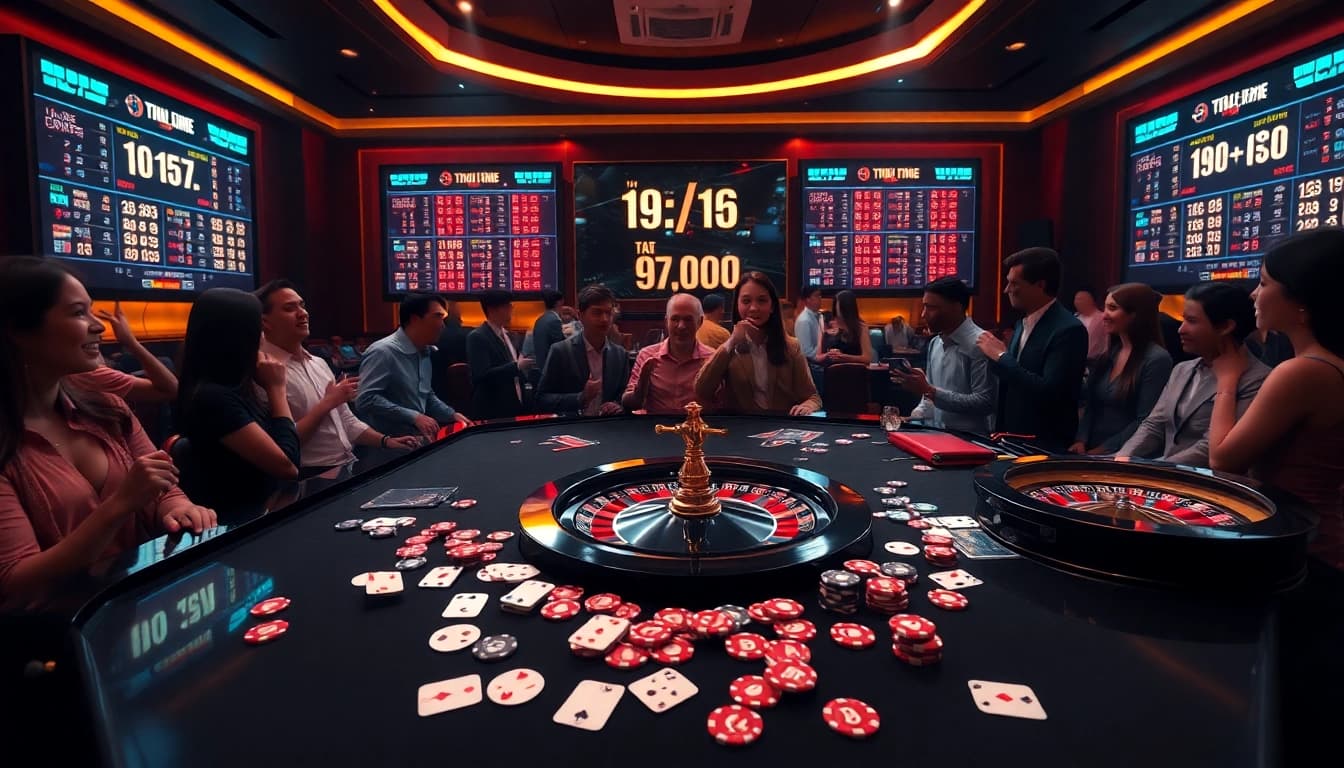 Tỷ lệ kèo odds displayed among excited bettors in a luxurious casino setting.