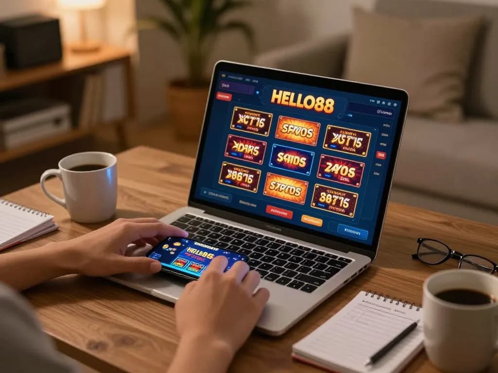 Engaging with HELLO88 online casino games on a cozy home setup with strategy notes.