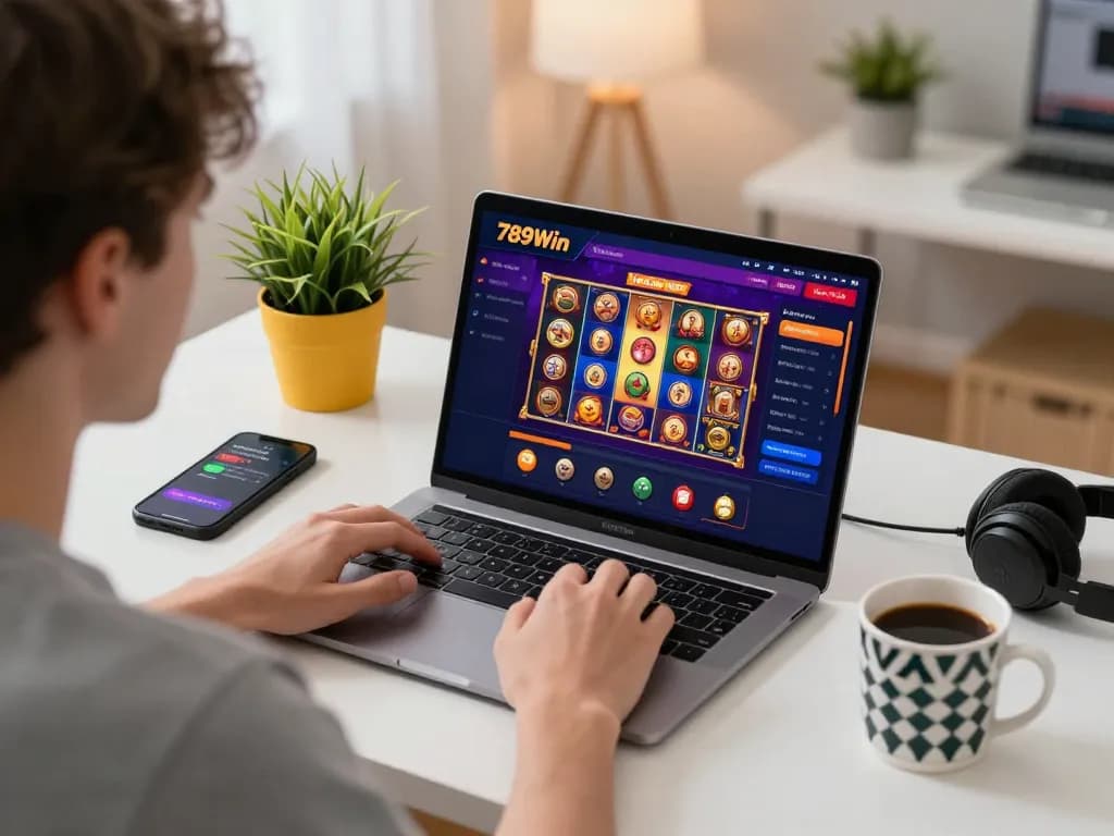 Engaging online gambling experience with 789Win's vibrant gaming interface in a modern home office.