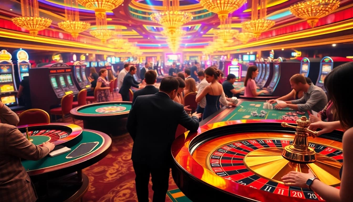 KJC casino scene with players at roulette and poker tables, showcasing vibrant gaming excitement.