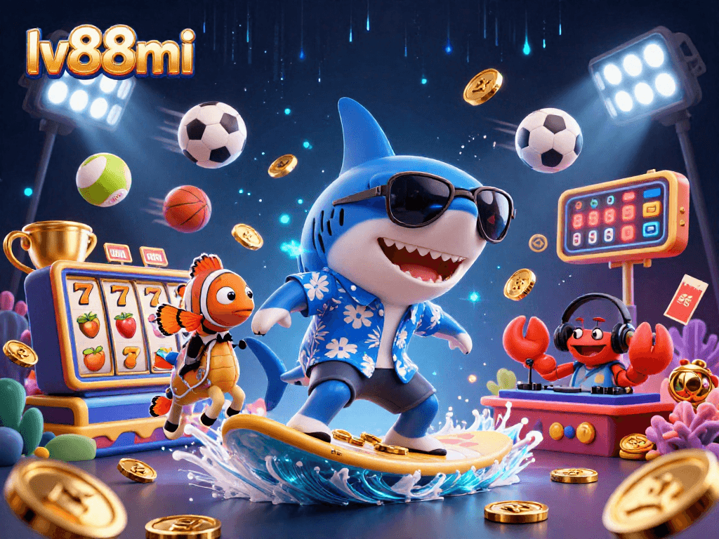 lv88mi showcases an exciting 3D illustration featuring a surfing shark amidst casino elements.