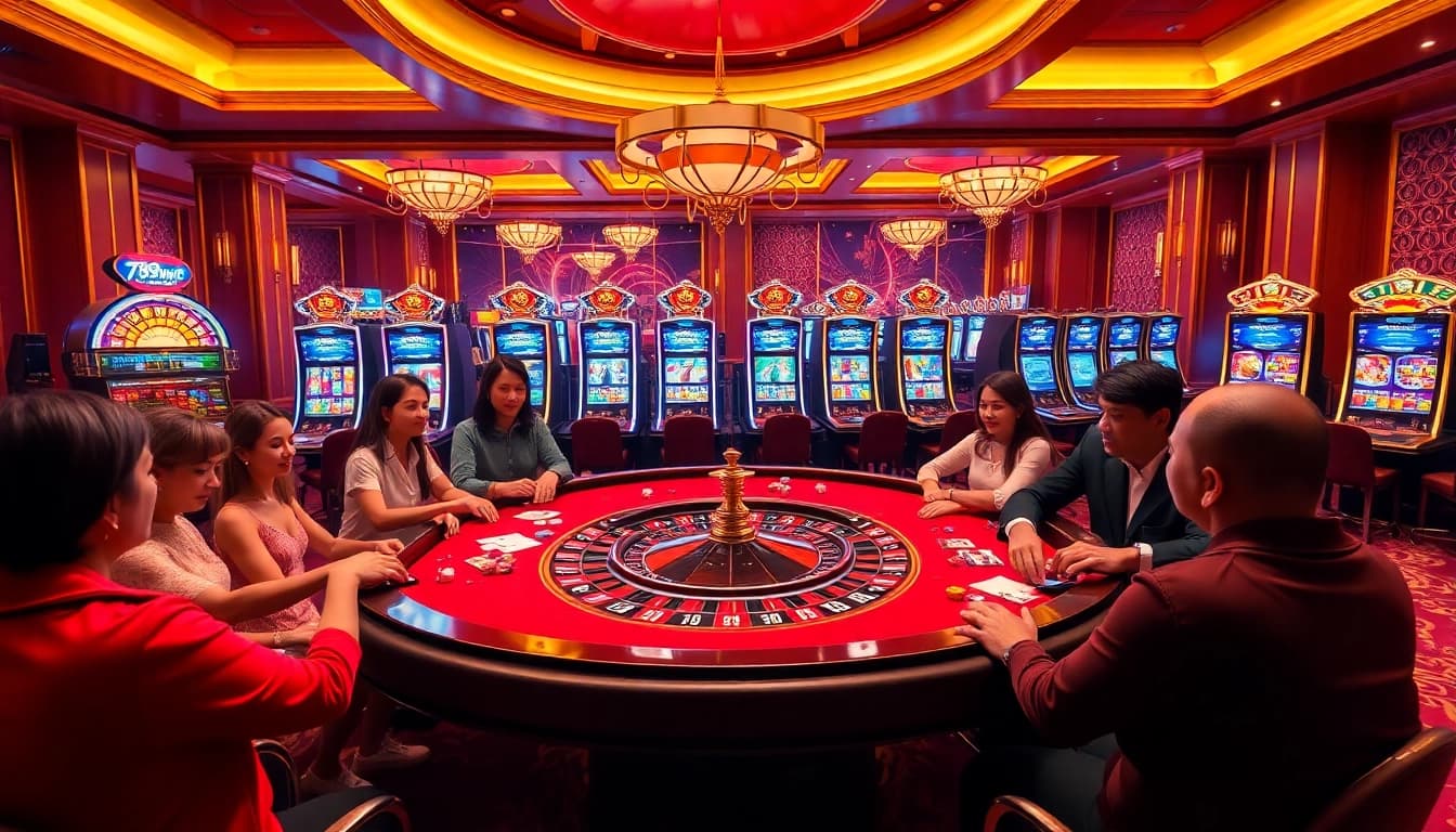 Experience the excitement of 789Win casino with poker chips and a roulette wheel.