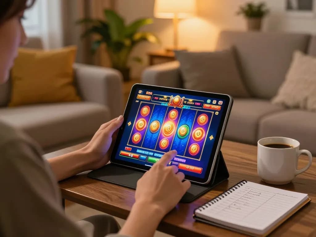 Bermain game slot online dengan tablet di rumah sambil menikmati suasana santai.