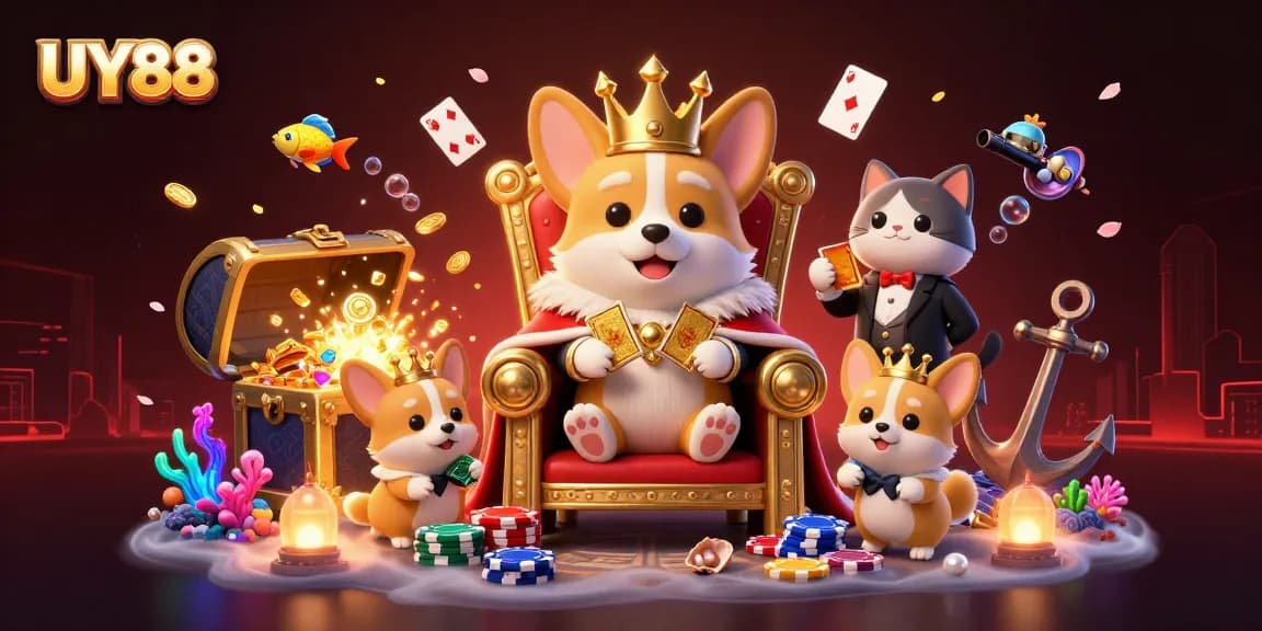 Experience thrilling gameplay at UY88 with vibrant corgi-themed casino illustration filled with treasures.