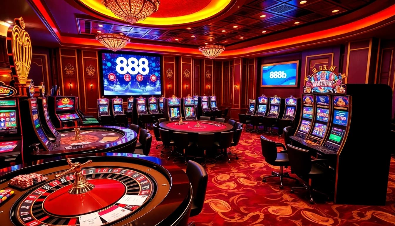 Experience the excitement of 888b with a luxurious casino scene showcasing vibrant tables and slot machines.