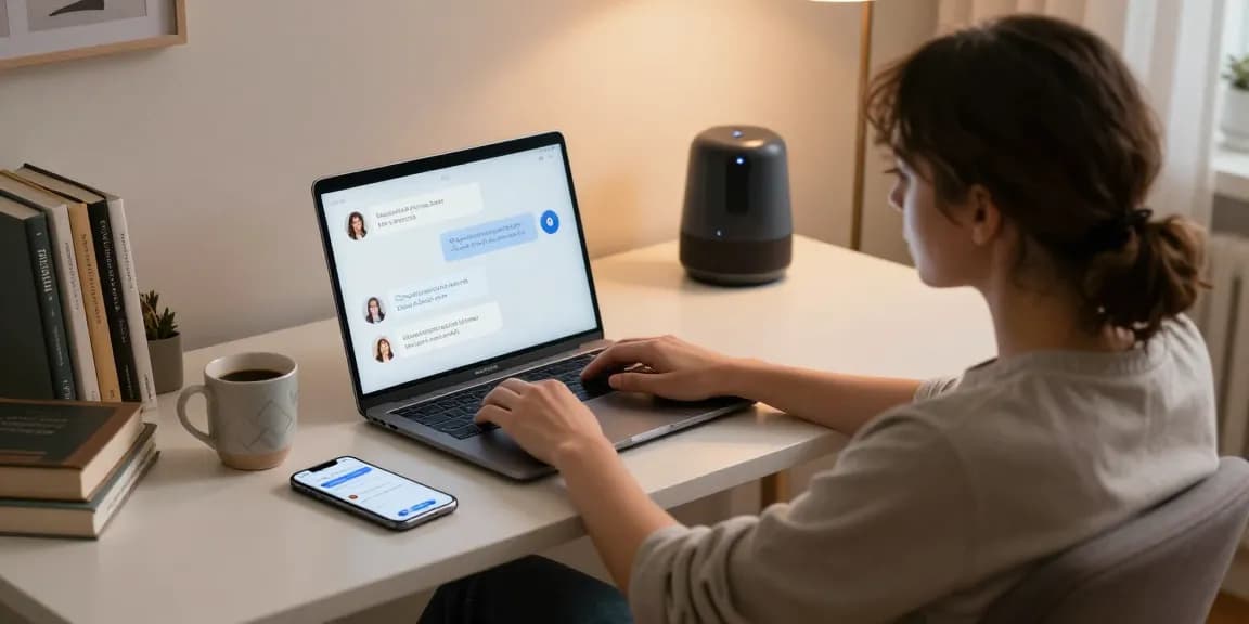 Engaging in a sex chat ai session at a cozy home workspace with modern tech.