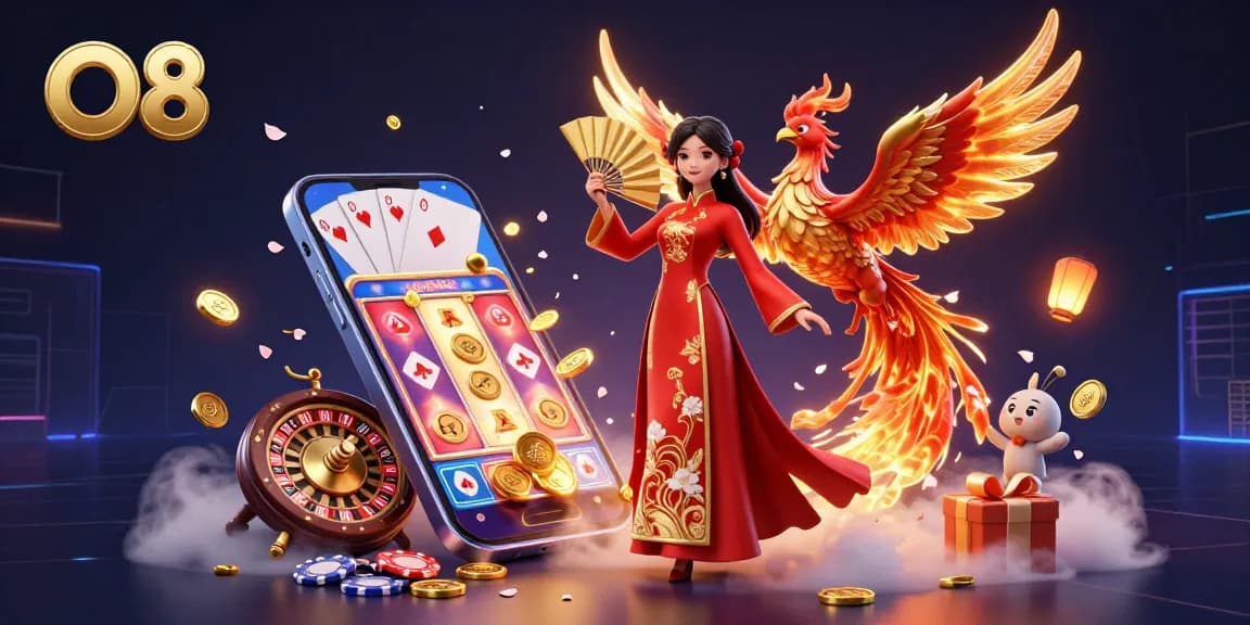 Engage in winning slot adventures with O8's vibrant 3D illustration showcasing games and festive elements.