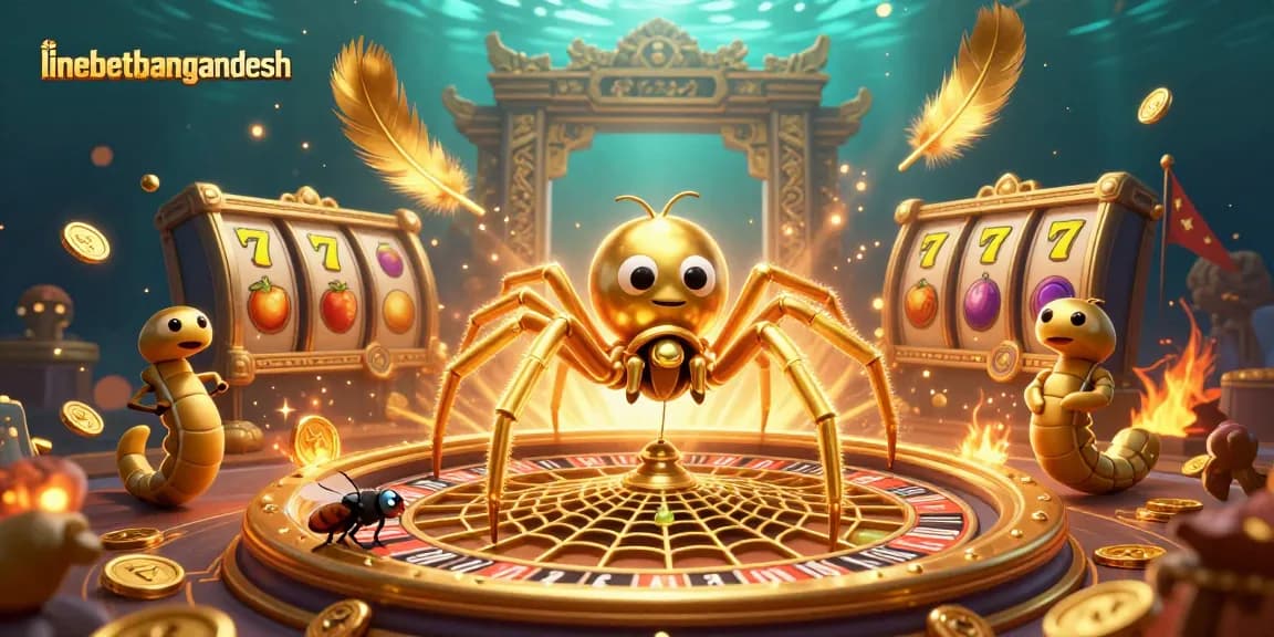 Engage with linebetbangladesh in a vibrant 3D casino scene filled with golden web roulette, vibrant characters, and dynamic action.