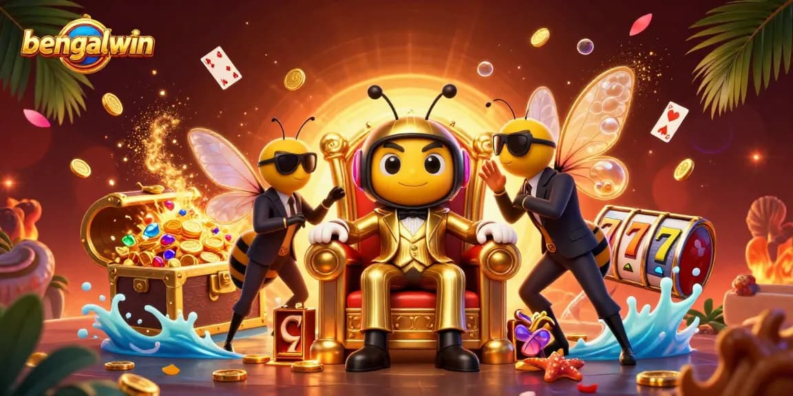 Play and win at Bengalwin's packed casino scene featuring vibrant game elements and characters.