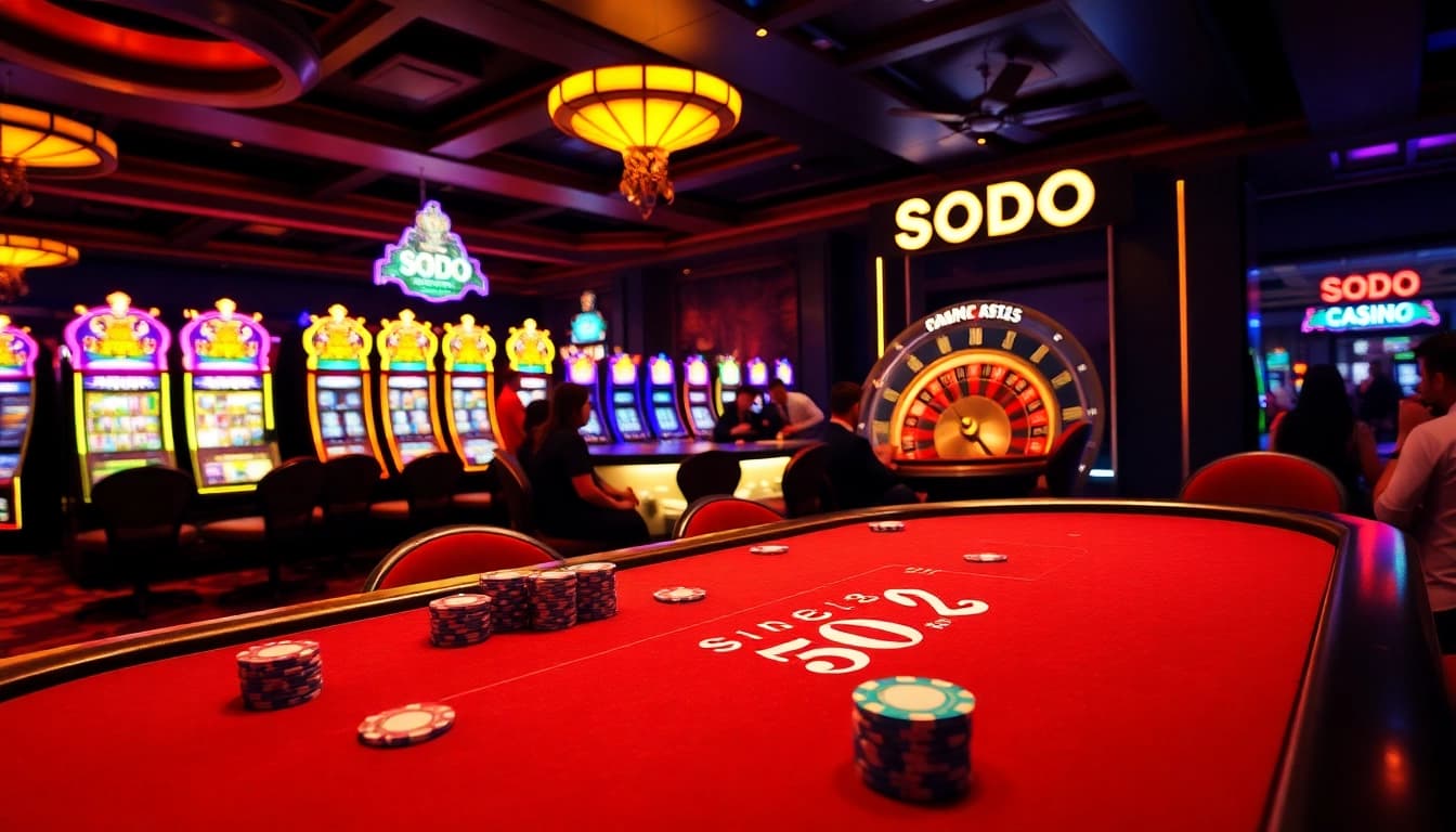 SODO Casino's luxurious poker table with bright chips and cards amidst a vibrant gaming atmosphere.