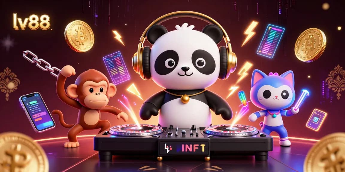 Experience the excitement with lv88's dynamic gaming scene featuring a DJ panda, dancing monkey, and glow-stick kitten.