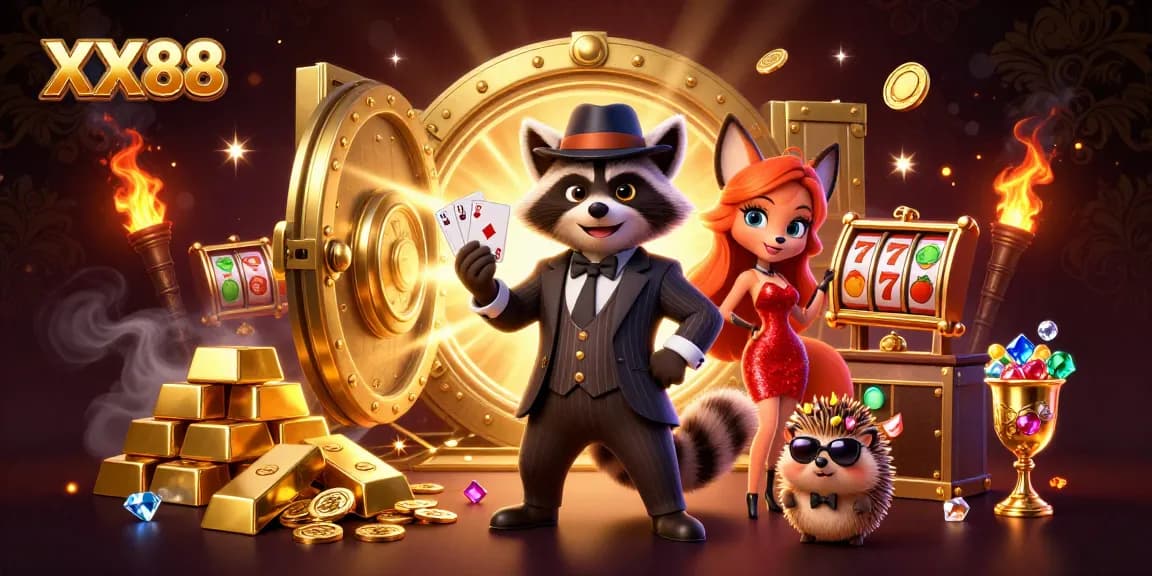 Spin the reels and win big with XX88 in this vibrant casino illustration filled with riches.