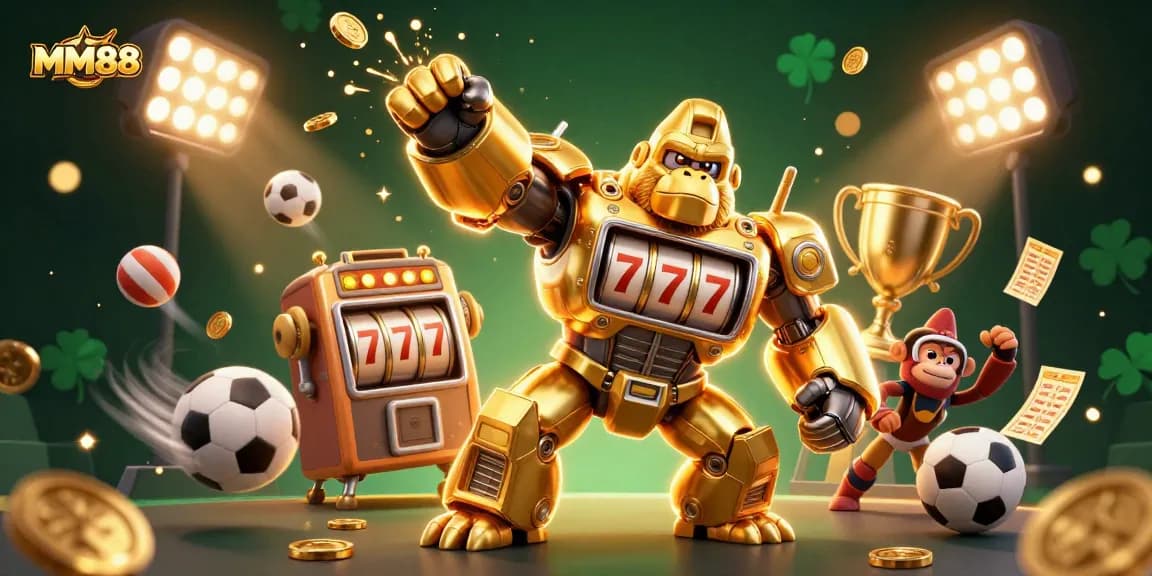 Engage with MM88's thrilling casino action featuring dynamic characters, gold coins, and game elements.