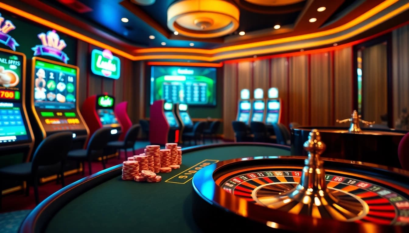 Winning at luck8 with exciting slot machines and vibrant casino tables in an online gaming scene.