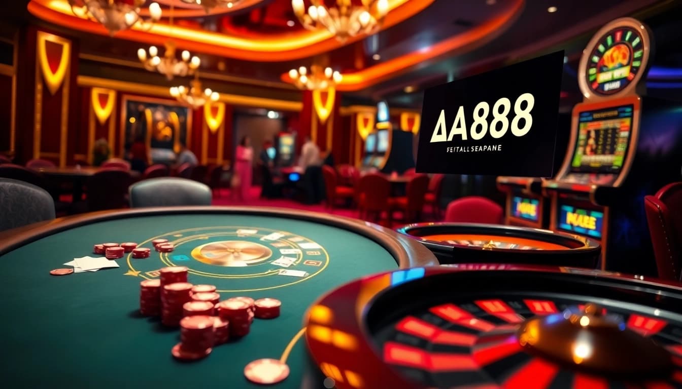 Exciting AA88 casino scene with poker chips, roulette wheel, and players engaged in games.