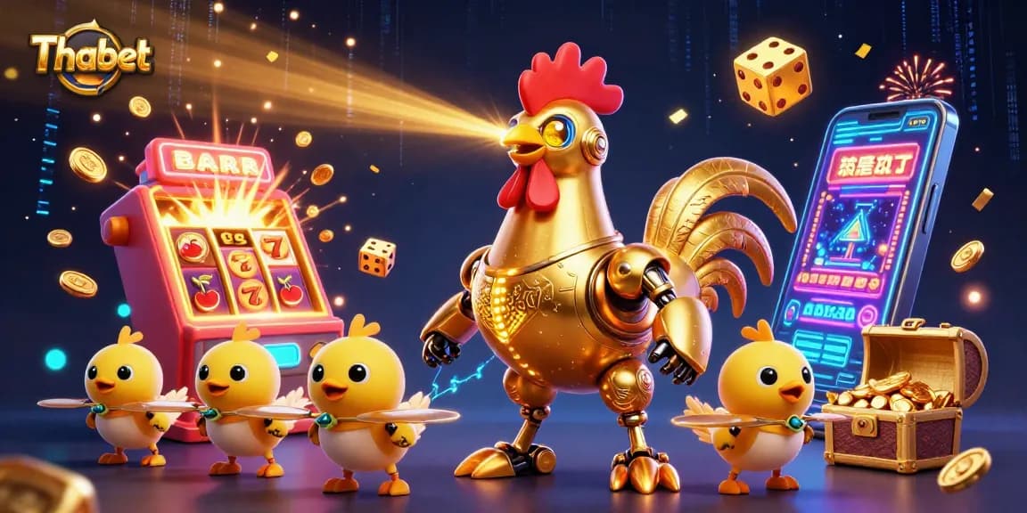 Thabet showcases a vibrant 3D casino scene with a golden rooster robot and baby chick drones
