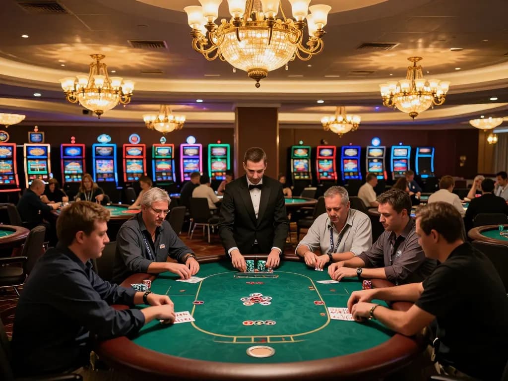 Players engaging in a high-stakes poker game at TR88 casino, with vibrant table settings and luxurious decor
