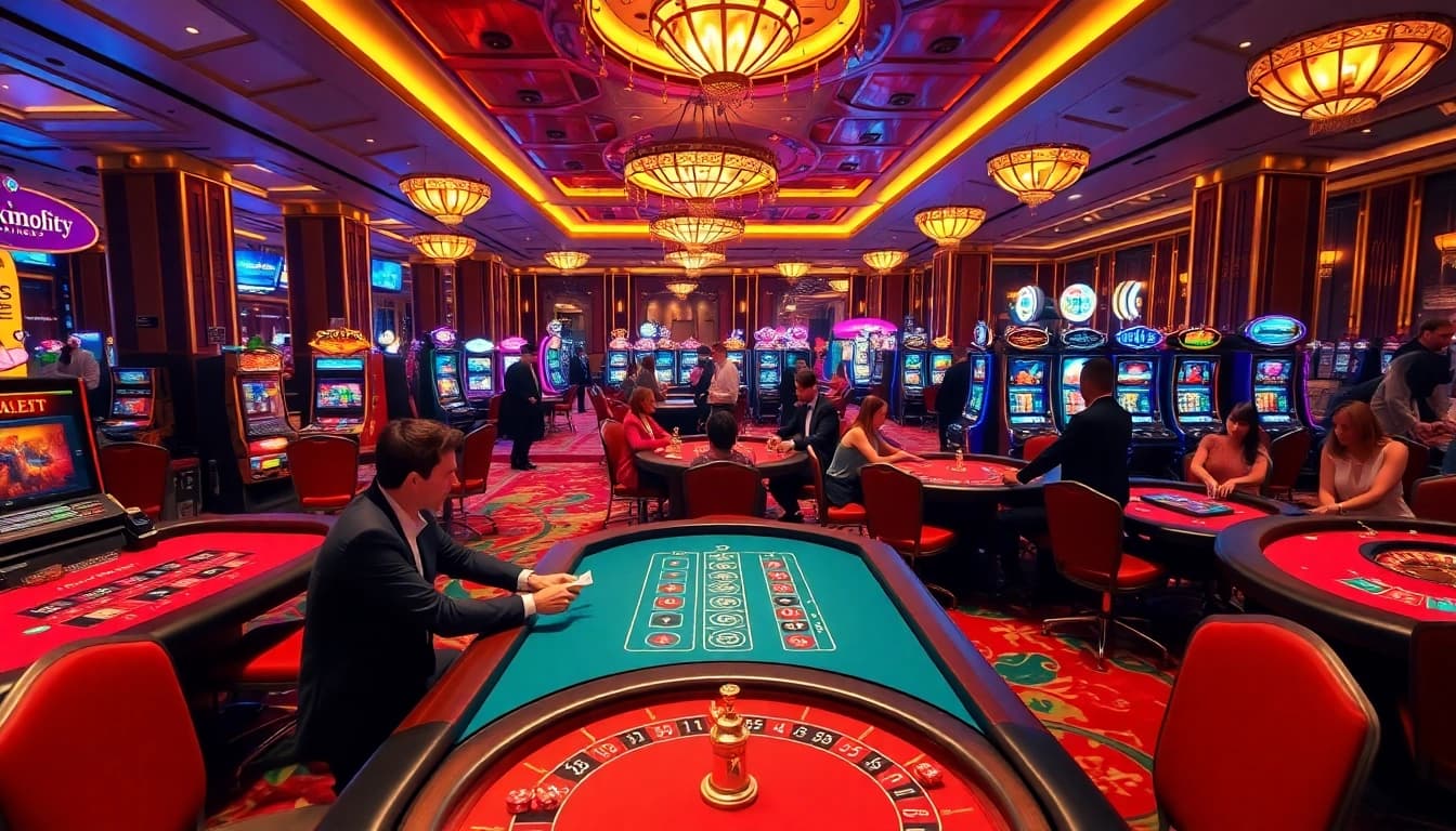 Intense gaming action at nhà cái MM88, featuring poker tables and slot machines in a luxurious casino.