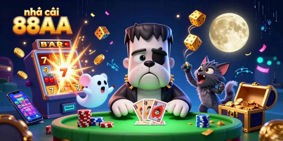 Engaging scene showcasing nhà cái 88AA with a Frankenstein bulldog, ghost mouse, and werewolf kitten at a casino table.