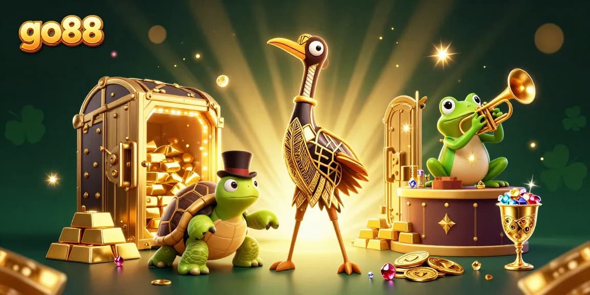 Experience thrilling gameplay at go88 with a vibrant casino scene featuring lively characters and treasures.