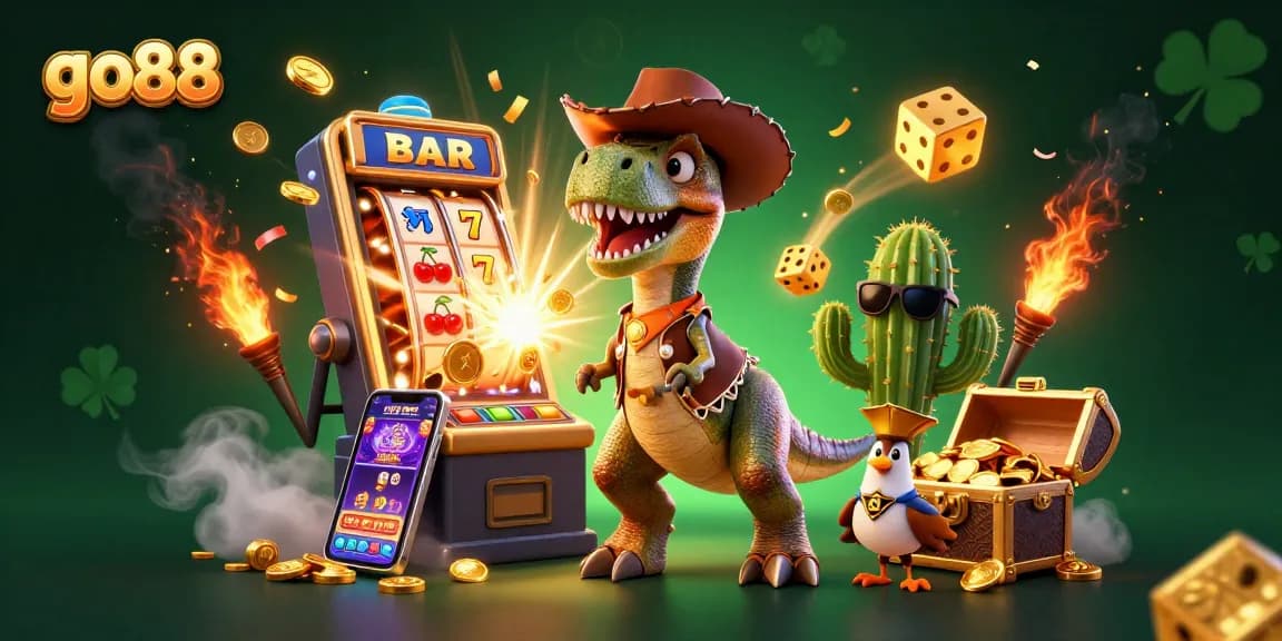 Exciting go88 gaming scene featuring a cowboy dinosaur, cactus, and roadrunner with dynamic slot elements.
