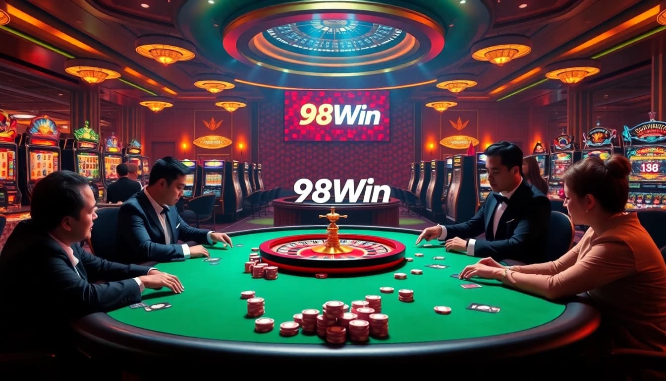 Experience the thrill of poker at 98Win's luxurious casino with vibrant gaming tables and professional dealers.