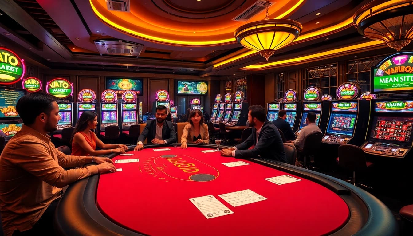 Players enjoying high-stakes poker at Vaobet casino, surrounded by lively slot machines and immersive gaming.