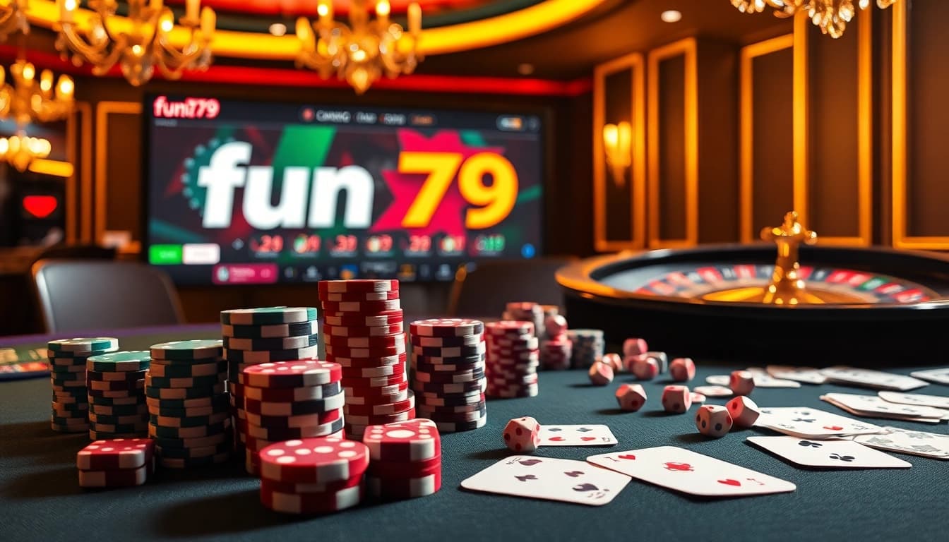 Engage in strategic betting with fun79 at a vibrant casino table showcasing chips and cards.