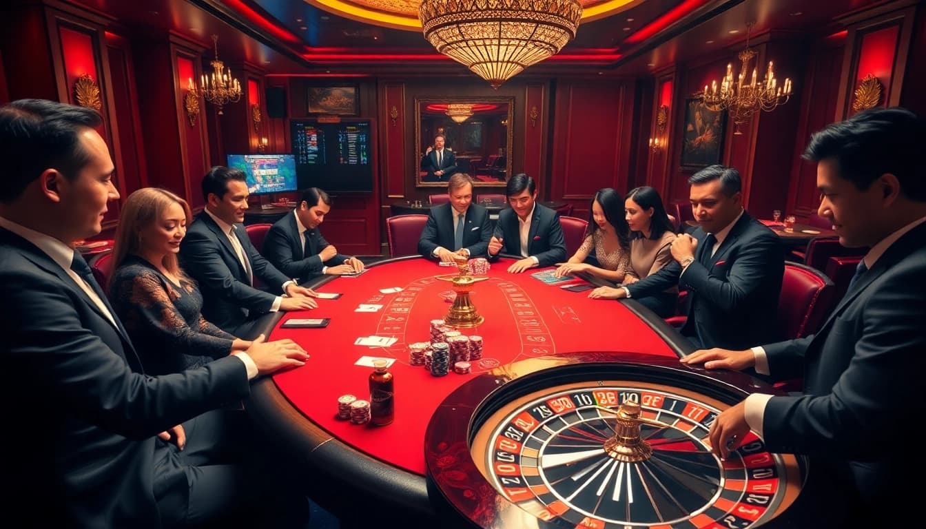 Exciting poker game at a luxurious casino showcasing Du88.ad interface with vibrant chips and cards.