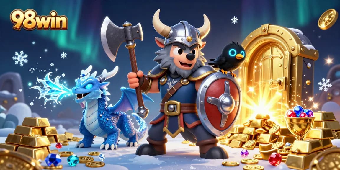 Bet on exciting adventures with 98win, featuring a Viking warrior, a fierce dragon, and treasures in a rich casino setting.