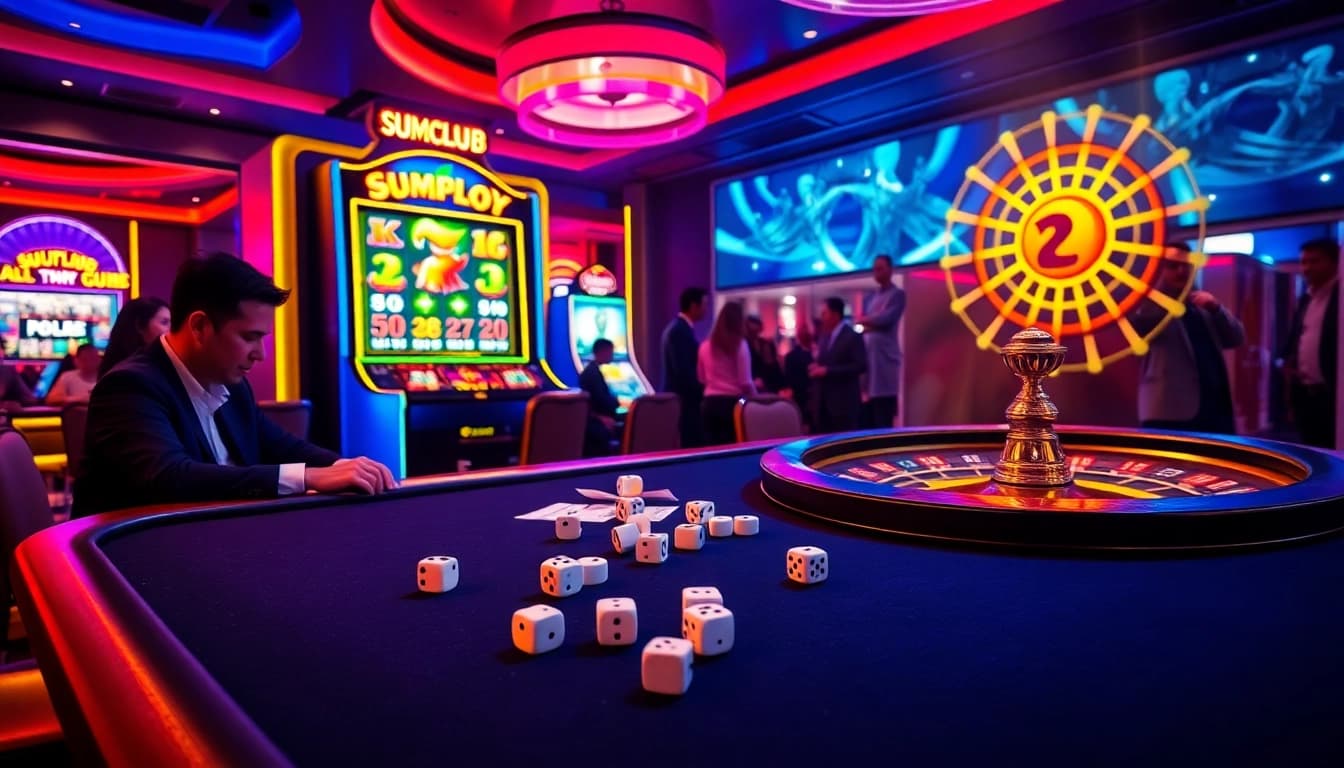 Engaged players at Sumclub poker table, showcasing vibrant casino excitement and gambling thrill.