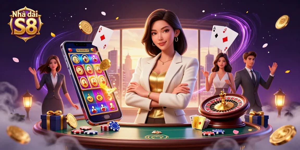 Engage in thrilling games at Nhà cái S8 with a glamorous Asian dealer, immersive casino elements, and vibrant energy.