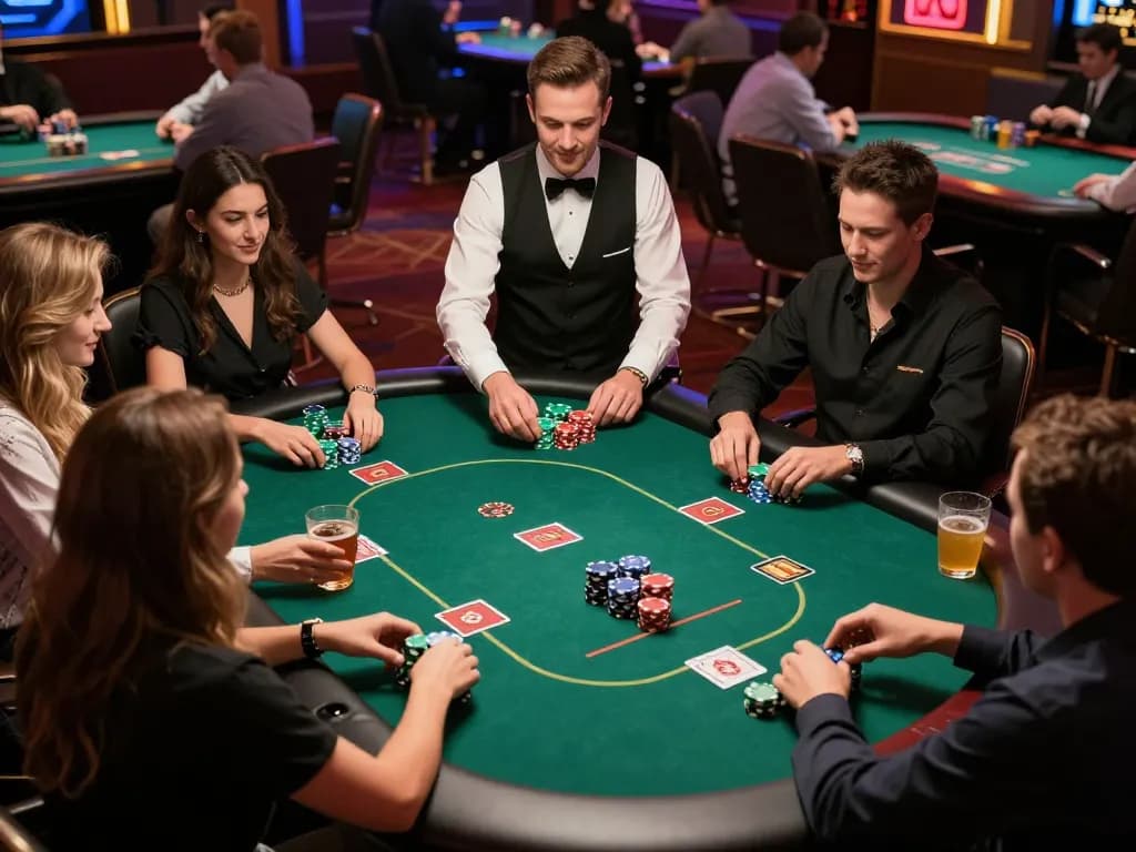 S666 đăng nhập in progress with players confidently placing bets at a poker table in an upscale casino.