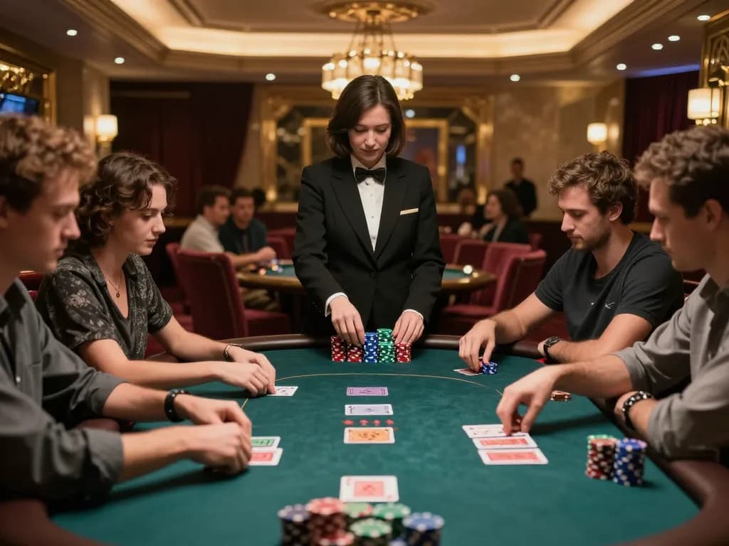 Kaya88 players engaged in a high-stakes poker game surrounded by vibrant casino atmosphere.