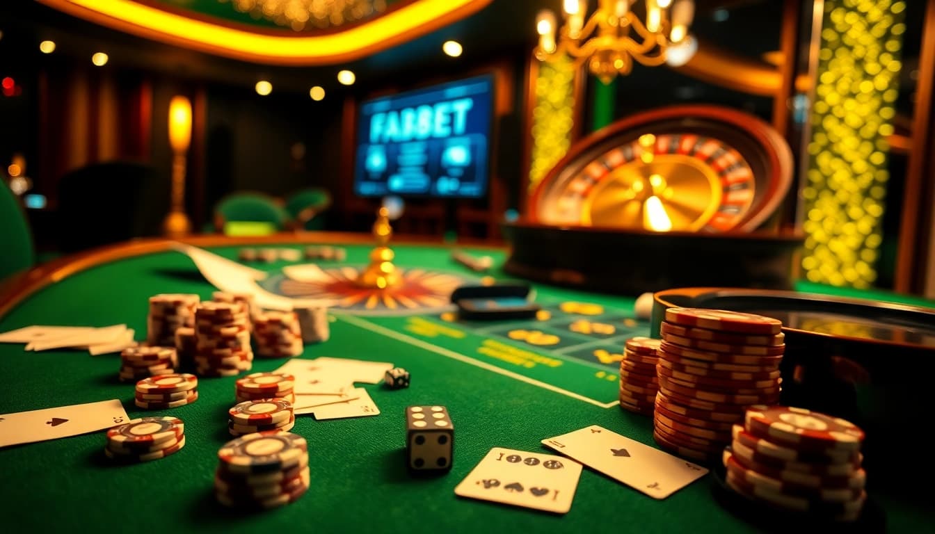 Experience thrilling gameplay at FABET's vibrant casino tables with poker chips and a roulette wheel.