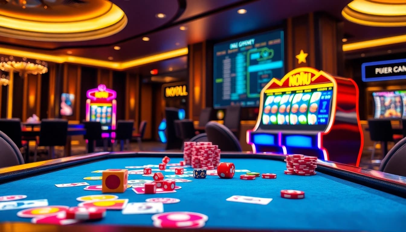 Nohu slot machine and vibrant casino table scene with colorful cards and chips.