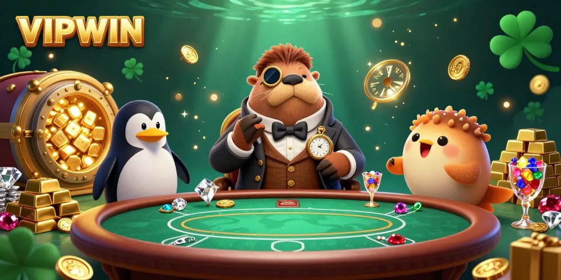Experience thrilling poker action at VIPWIN with a jolly walrus, penguin dealer, and flamboyant pufferfish amidst treasures.