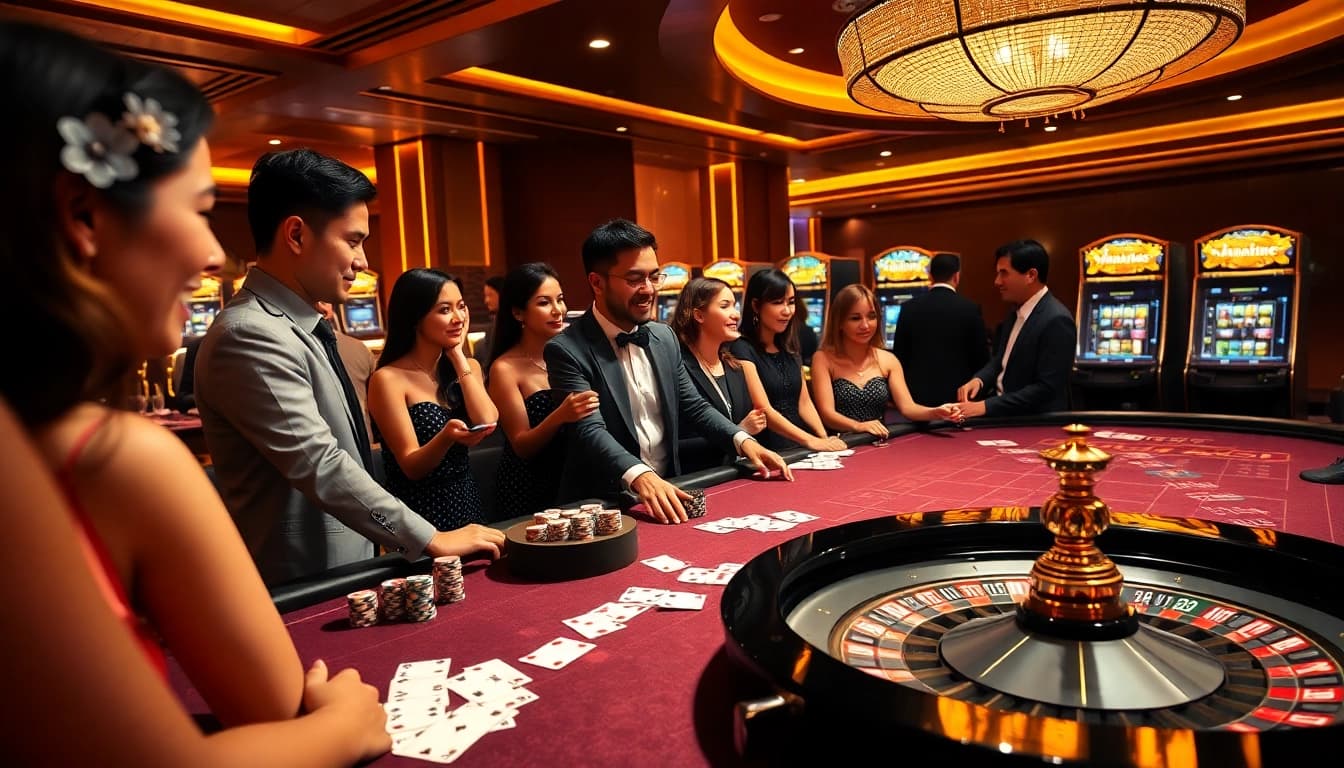 Players enjoying casino games at a vibrant table featuring hm88 poker chips and cards.