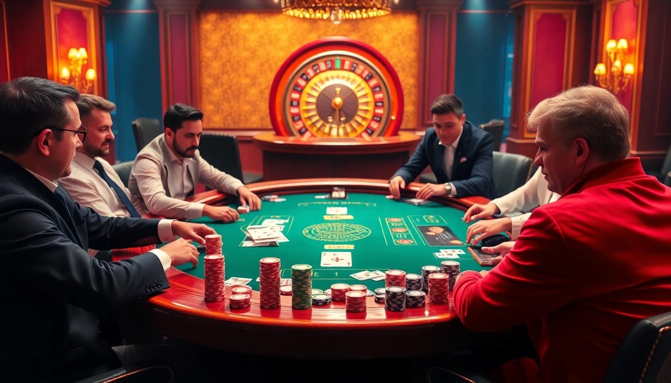 Experience thrilling gameplay at https://lu88y.com/ with a luxurious poker scene featuring stacked chips and engaged players.