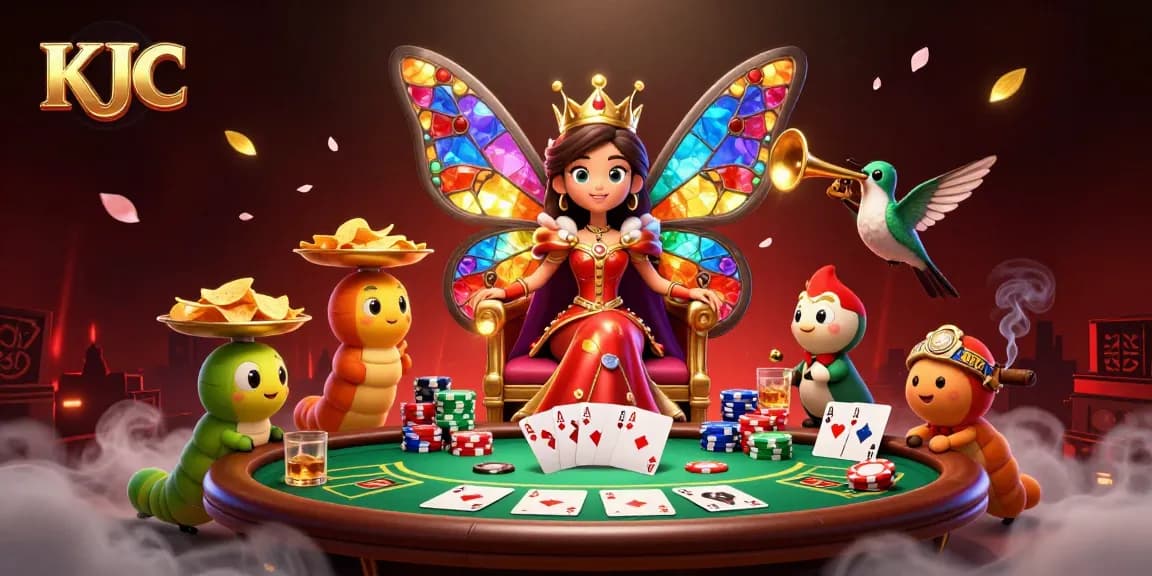 KJC showcases a vibrant casino scene with a butterfly queen and poker elements in an engaging 3D illustration.
