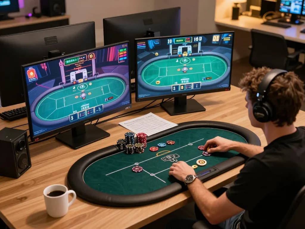 Engaged player enjoying online poker at hm88 game interface with multiple screens.