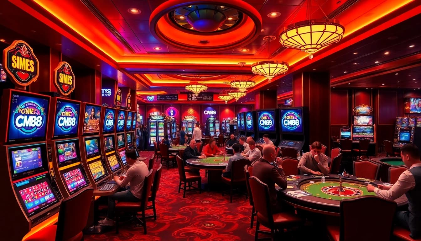 Gambler enjoying online gaming at CM88 casino with vibrant slot machines and intense poker action.